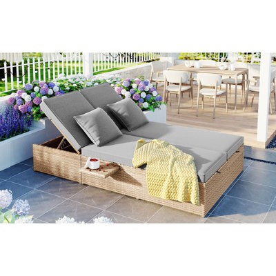 Lit de bronzage extérieur double, chaises de patio inclinables en rotin d'osier avec dossier et siège réglables, ensemble conversationnel pour 2 personnes, meubles de patio