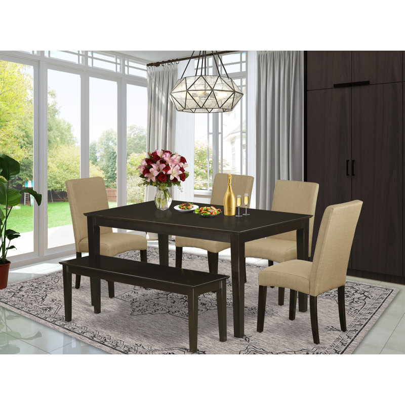 Ensemble de table de salle à manger 6 pièces comprenant une table de cuisine rectangulaire et 4 chaises parsons en tissu brun avec banc, Cappuccino