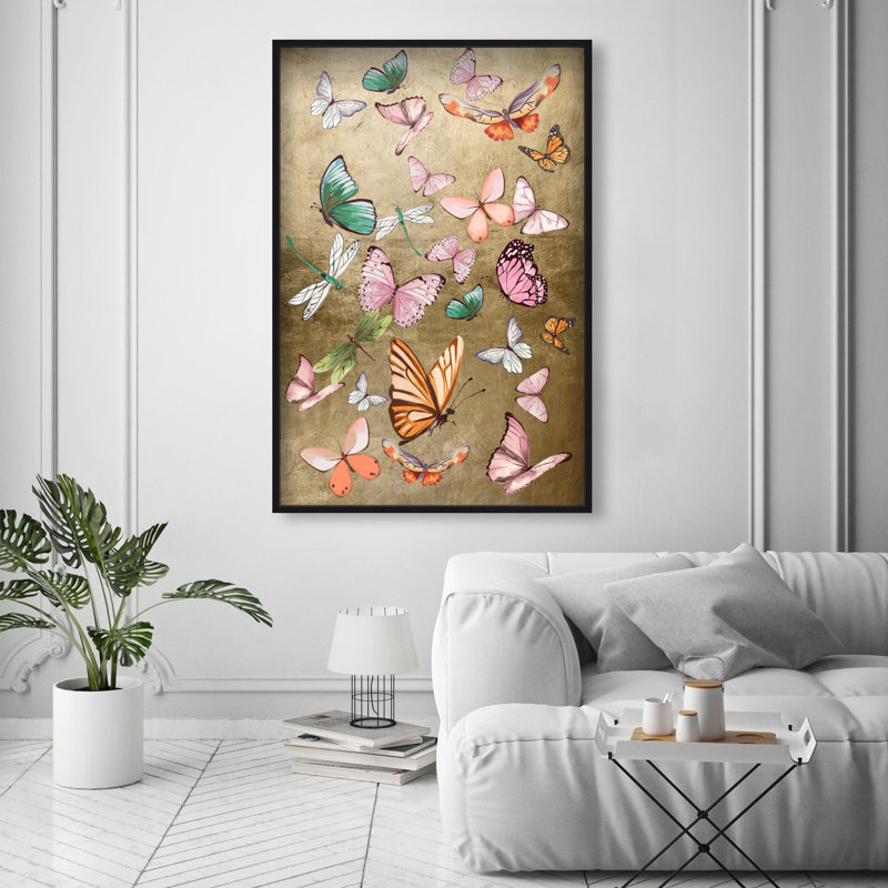 Oliver Gal Flying Over Gold Butterflies - Leaf Framed Shadowbox Art, Black, 55.5" H x 37.5" W