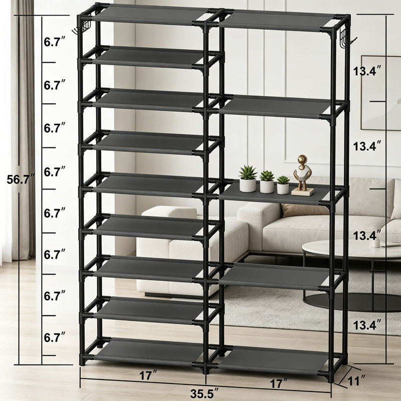 Tall Garage Shoe Rack Large Capacity, Two Rows Versatile Hooks Storage Boot Shelf, Holds 28-35 Pairs of Shoes, Black
