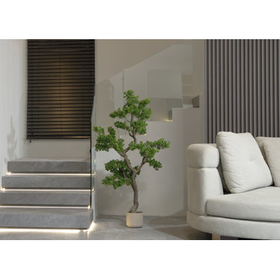 75" Artificial Faux Bonsai Tree | Real Touch Faux Bonsai Tree in a tall wooden round planter