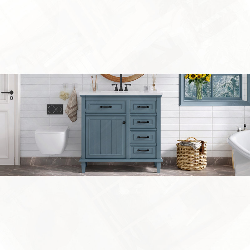 Meuble-lavabo autoportant avec tiroirs en céramique et tablette réglable, Bleu gris