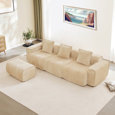 Canapé modulaire modulaire en forme de L à 3 places avec design épuré avec passepoil à bord français, aucun assemblage requis, canapé à 3 places avec coussins décoratifs et 1 repose-pieds mobile, tissu en velours