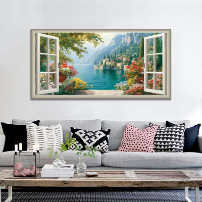  Printemps, art mural sur toile, impression murale de photos de nature, impression de peinture de paysage de fenêtre florale, œuvre d'art de grande fenêtre pour décoration de salon, prêt à être accroché, 24 po x 48 po