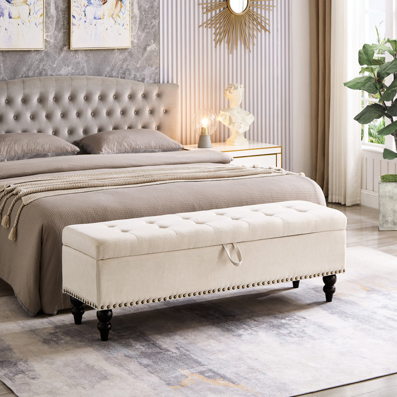 Beige Fabric 59" Bed Bench Storage - Versatile For Different Rooms Solid Wood Legs With Modern Design Your Home Foam Fill