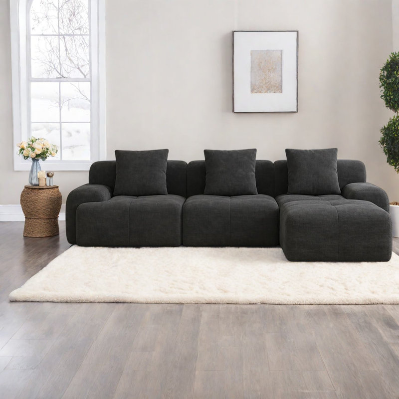 Canapé d'angle moderne à compression, canapé 3 places en velours côtelé gris foncé avec pouf amovible