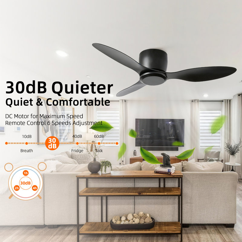 42 In. 3-Blade Indoor Flush Mount Ceiling Fan With Remote Control, Reversible Dc Motor, 6 Speeds, 52" Wide