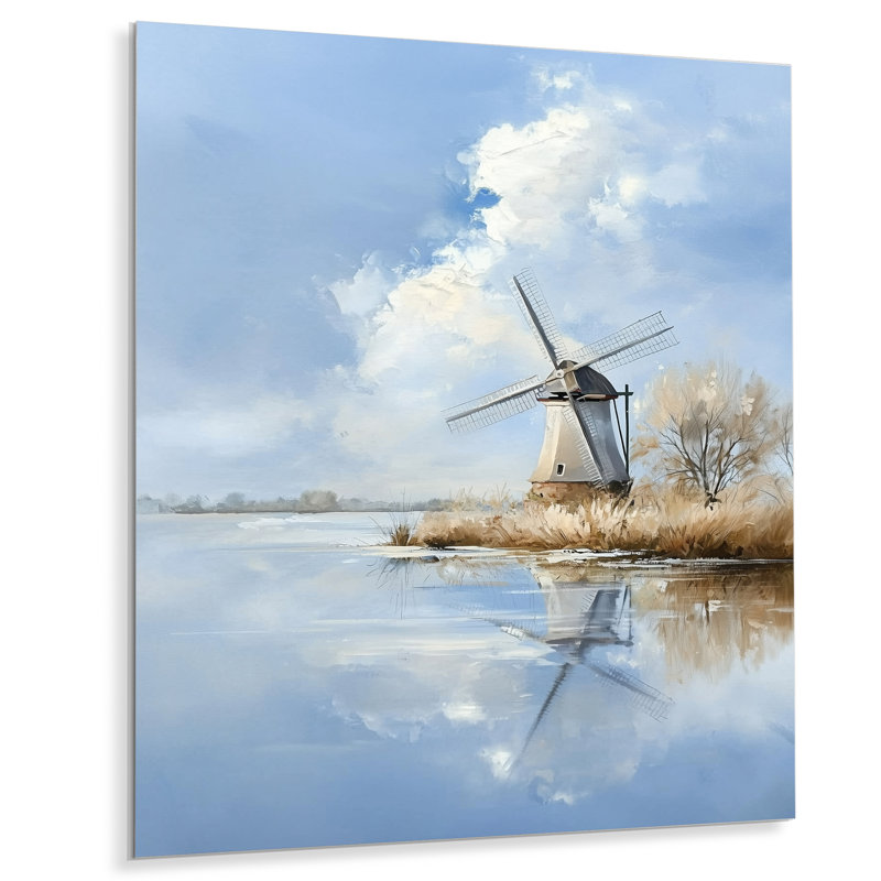 «Minimal Windmill Landscape By The Lake - Windmills», impression sur métal industrielle, H 20 po x l 12 po