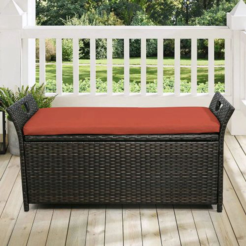 Banc de rangement pour l'extérieur en rotin, Noir / rouge