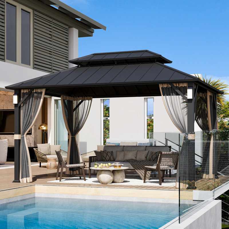 Hamilton 10' x 14' Hard Top Gazebo With Solar Self Powered LED Lights, Mosquito Netting And Canopy Hook