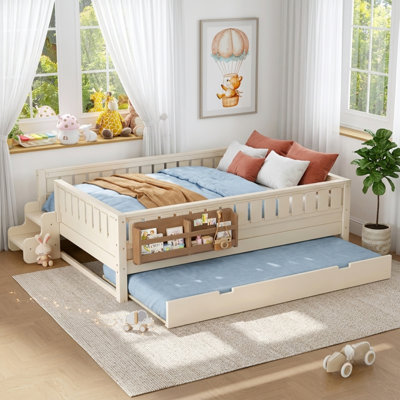 Lit pour enfant en bois massif avec lit gigogne, bibliothèque intégrée et petit escalier, lit pour tout-petit Safe Guardrail