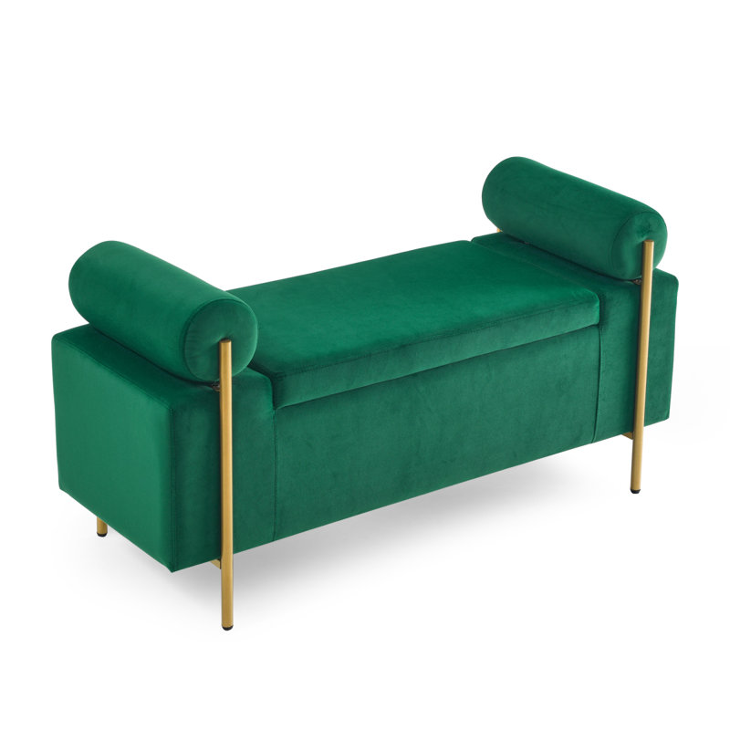 Elegant Upholstered Velvet Storage Bench With Cylindrical Arms And Iron Legs For Hallway Living Room Bedroom, Green, Green