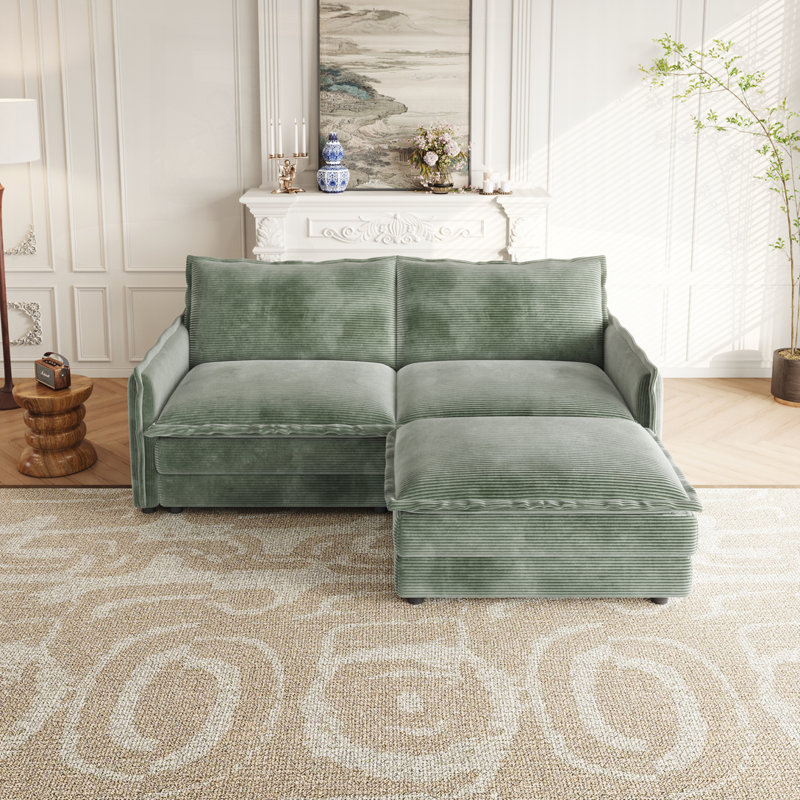 Canapé rembourré 2 places à assise profonde de grande taille avec repose-pieds, Velours côtelé beige