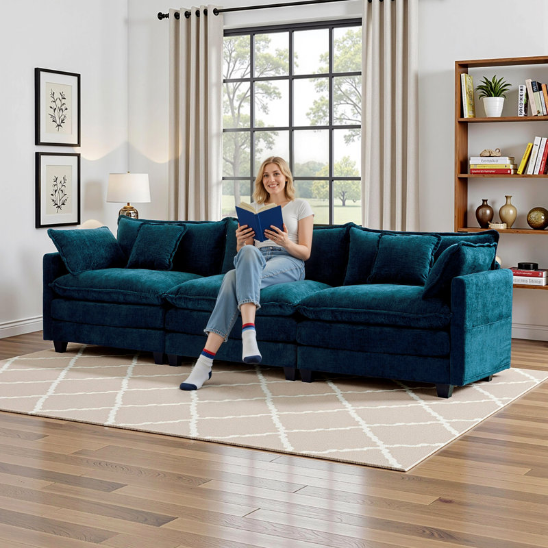 Modern Comfy 3-Seater Modular Sofa Couch - Chenille Modern Upholstered 4 Seater Corduroy Fabric Sofa With Arm And Throw Pillows