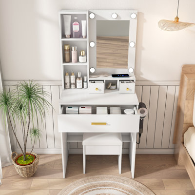 Ensemble de coiffeuse blanche compacte avec miroir à DEL réglable 3 couleurs, prise de courant, support pour sèche-cheveux, rangement de tiroir et tabouret rembourré, bureau d'habillage moderne pour petite chambre à coucher