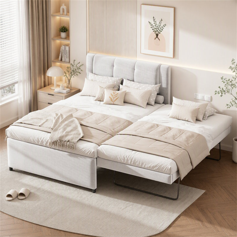 Lit plateforme tapissier de très grande taille avec couchette escamotable ajustable, cadre de canapé-lit d'invité multifonctionnel, support à lattes de bois, aucun sommier nécessaire
