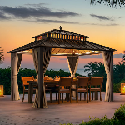 SUNJOY Kingston 12x10 Gazebo, Steel Roof Hardtop Gazebo with Curtain and Netting - Woodgrain Posts
