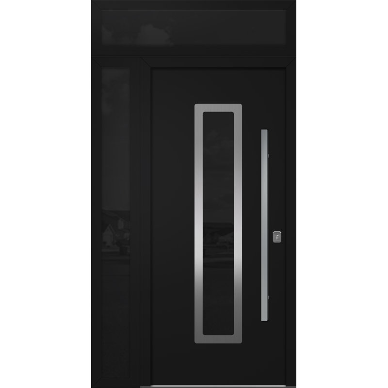 Porte d'entrée extérieure moderne en acier 36 po x 80 po - Inox SI avec éclairage latéral et traverse, Noir