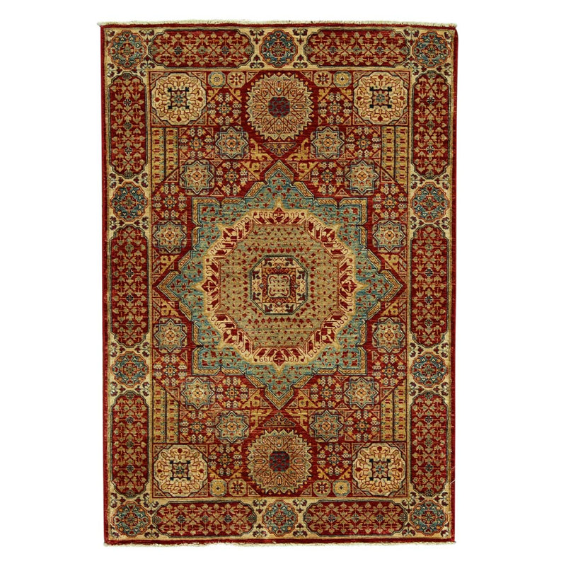 Tapis unique en laine noué à la main brun, rouge et bleu de 3 pi 7 po x 5 pi