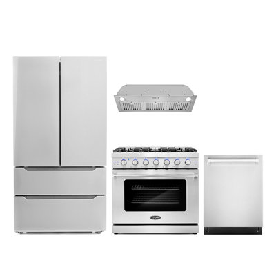 Cosmo 4 Piece Kitchen Appliance Package with French Door Refrigerator , 36'' Gas Freestanding Range , Built-In Dishwasher , Insert Range Hood , and Ai -  COS-4PKG-750