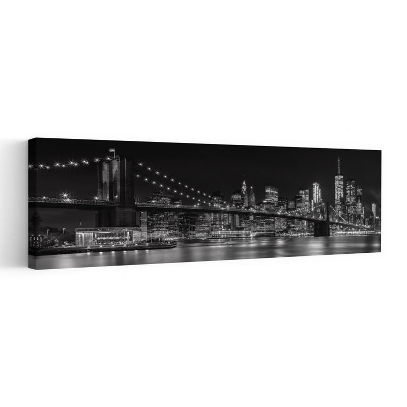 Illuminated Brooklyn Bridge Skyline by Melanie Viola - Wrapped Canvas Panoramic Print, 30.48 cm H x 91.44 cm W