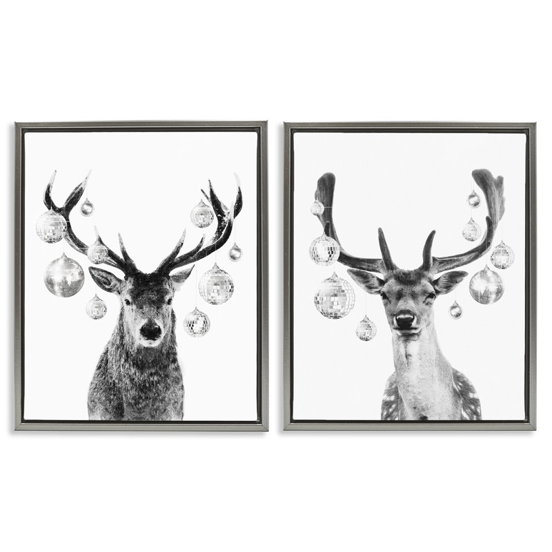 «Black and White Disco Deer», ensemble de 2 toiles flottantes encadrées par Victoria Barnes, H 31 po x l 25 po