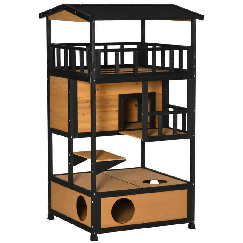 Maison pour chat d'extérieur en bois, abri pour chat avec chaton, Jaune