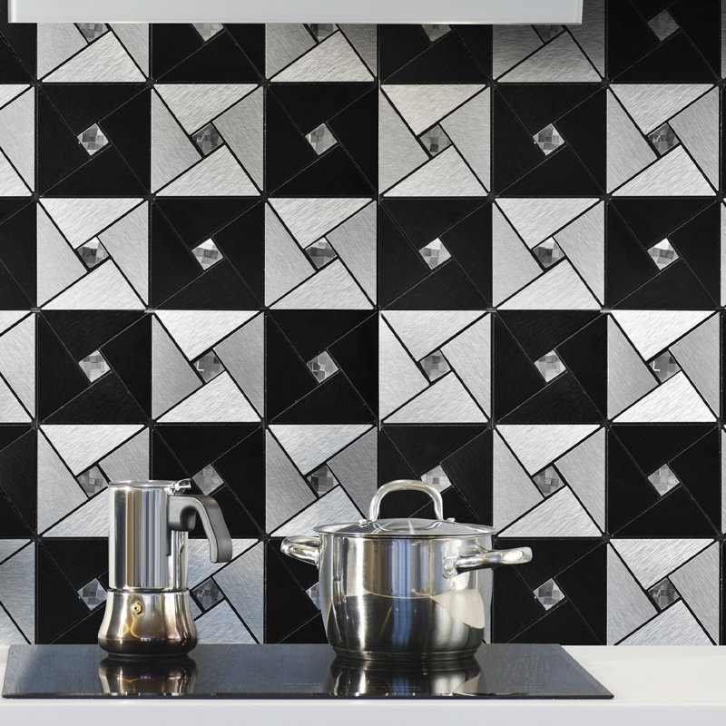 Carreau de mosaïque en aluminium pelez et collez, 11,8 po x 11,8 po, Noir / argent