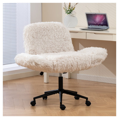 Ergonomic Criss Cross Office Chair with 5-Gear Adjustable Armrests, Beige Lamb Wool Upholstery - Swivel Desk Chair for Home Office, Vanity & Living Room