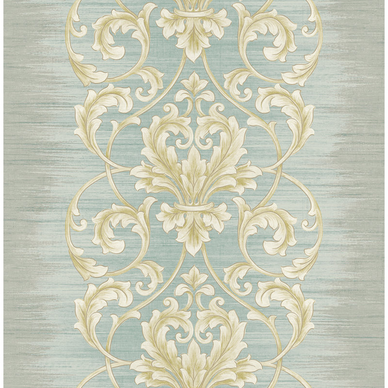 Seabrook Designs Metallic Ombre Stripes & Scrolls Unpasted Wallpaper, Blue Smoke/Tan