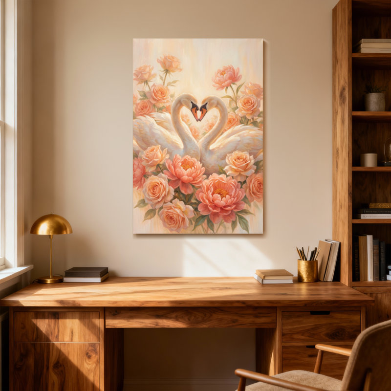 Les cygnes de la Saint-Valentin forment un cœur au milieu de roses et de fleurs, H 18 po x l 12 po