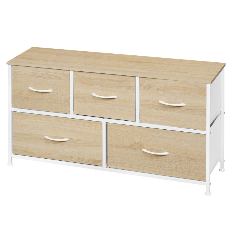 Chest of drawers with 5 drawers made of fabric; Chest of drawers; Sideboard, Light Woodlook/White