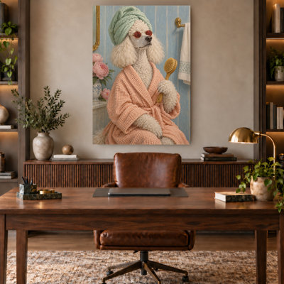 Whimsical Pink Robe Poodle Spa Portrait Canvas Wall Art