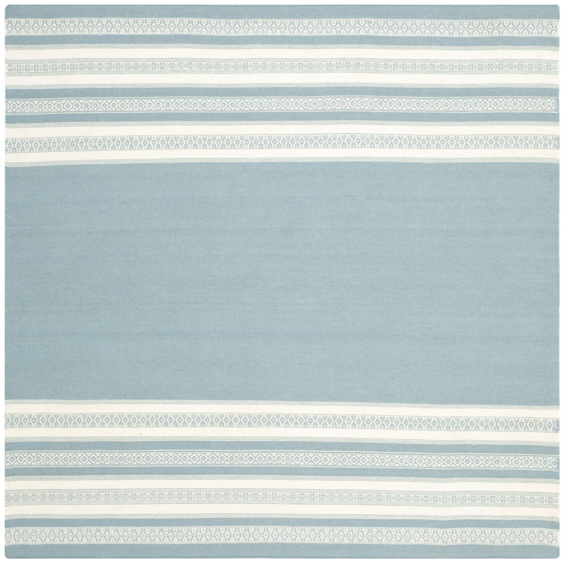 Rodgers Hand Woven Flat Weave Wool/Cotton Striped Rug in Turquoise, Square 6'