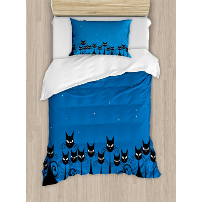 Ambesonne Night Duvet Cover Set, Black Cats Starry Sky, Twin, Blue Black White -  nev_38821_twin