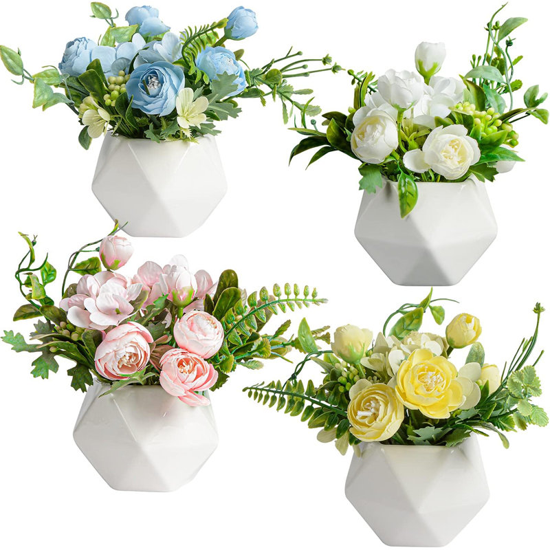 Ensemble de 4 mini fleurs de camélia artificielles dans des vases en céramique