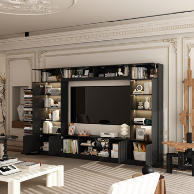 Meuble audio-vidéo l 114,2 po avec lumières DEL, bibliothèques, armoires et tablettes ouvertes