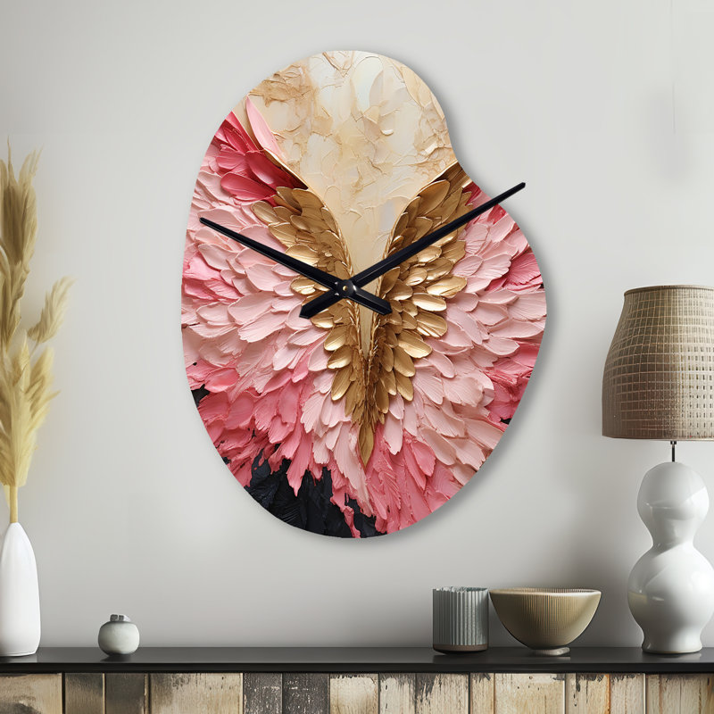 Ailes d'ange roses et dorées - horloge murale asymétrique abstraite en spirale, Grand