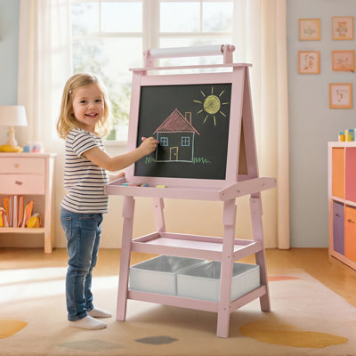 3 in 1 Kids Art Easel w/Storage Double-Sided Magnetic Whiteboard & Chalkboard Dry-Erase Board w/Paper Roller