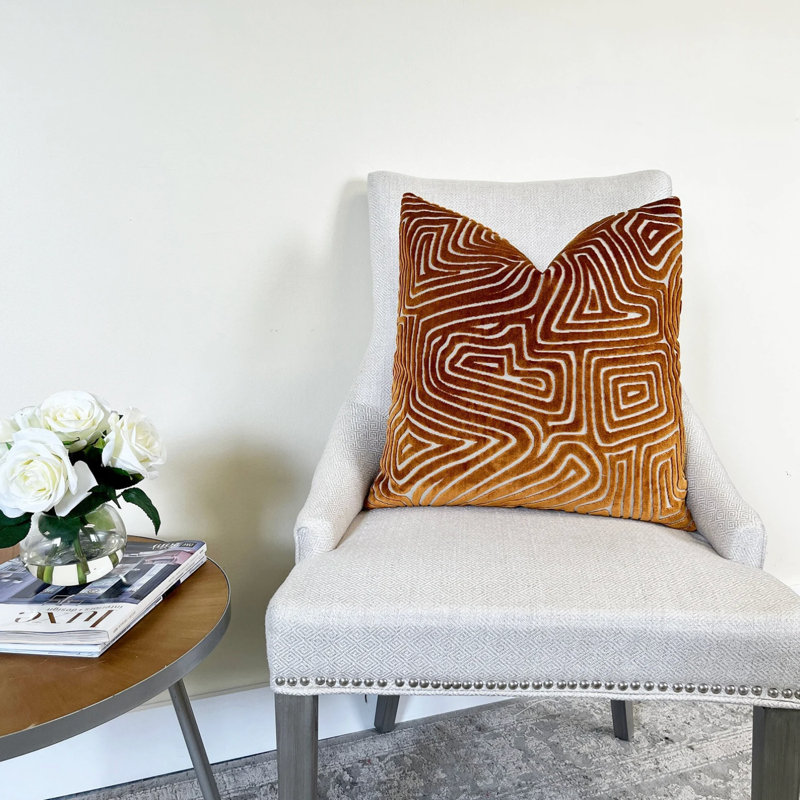 Maze Velvet Throw Pillow Cover, Orange Geometric, 20"H x 20"W