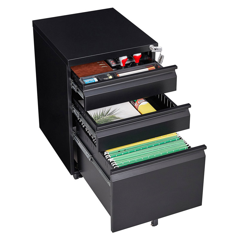Classeur mobile noir à 3 tiroirs, solution de bureau avec serrure, 2 tiroirs à papeterie, 1 plateau à crayons, classeur à suspendre au format lettre / A4, tringles amovibles, 5 espaces de travail basculants