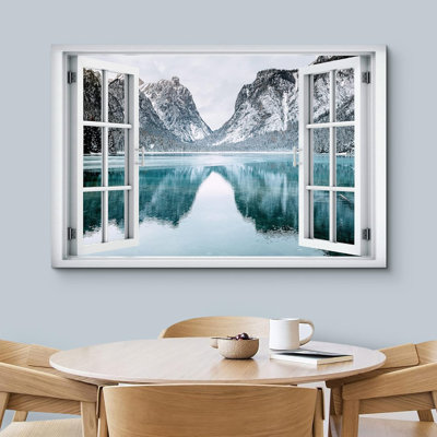 Fenêtre, paysage, «Vue de la fenêtre, chaîne de montagnes enneigées, lac, reflet de la nature, paysages pittoresques» sur