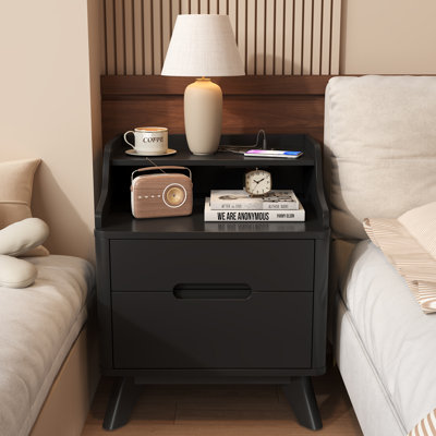 2 Drawers Nightstand Ｗith Charging Station, 21" Nightstand Ｗith Open Shelves For Bedroom, Black
