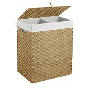 Panier à linge en osier avec couvercle, panier à linge en rotin 24 gallons (90 L) 2 sections avec couvercle, ligne de lavage amovible à la machine, grand panier à linge avec poignées pour salle de bain, jaune