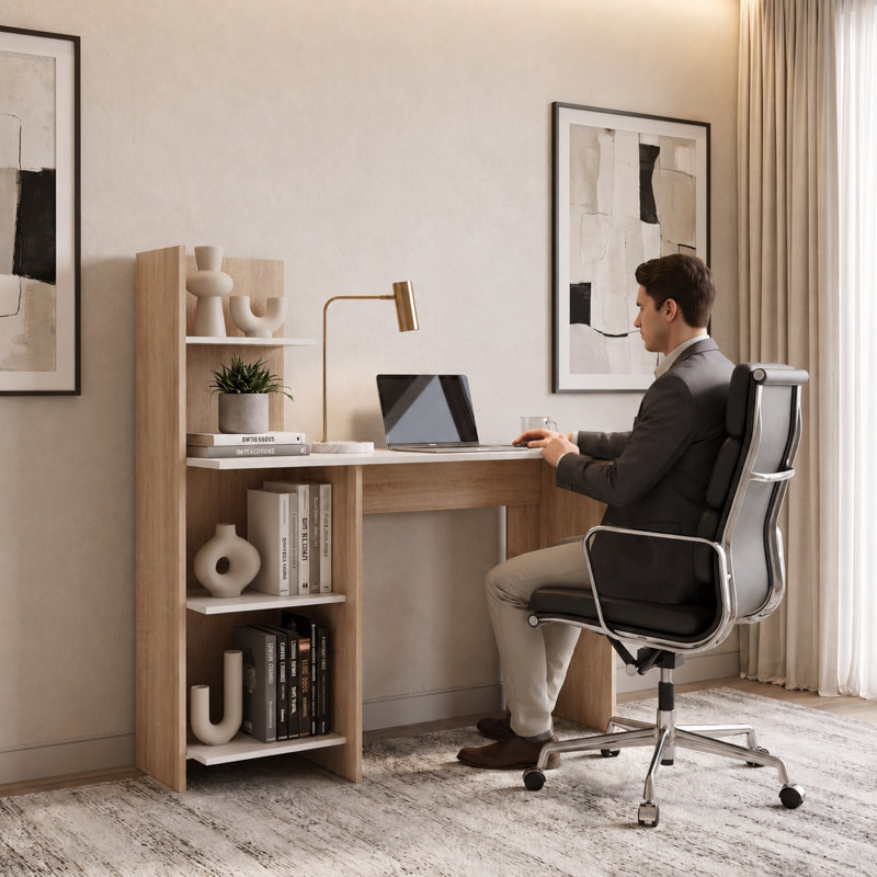 Euloge Toronto 120 Classic Contemporary Writing Desk with Four Shelves, White/Light Oak