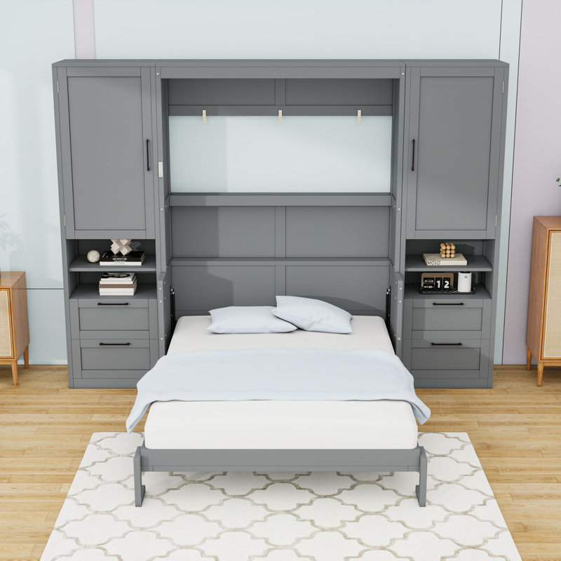 Grand lit escamotable en bois avec tiroirs de rangement intégrés, garde-robe et tablettes, Gris