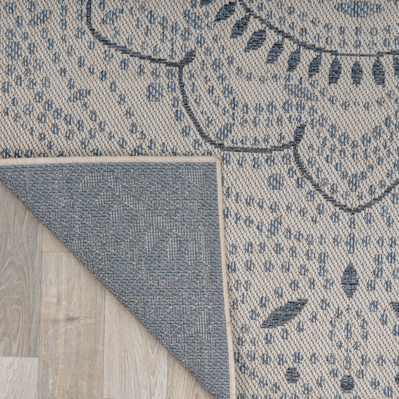 Tapis d'intérieur / extérieur crème / gris / bleu Ghazali, Rectangle 5 pi x 7 pi