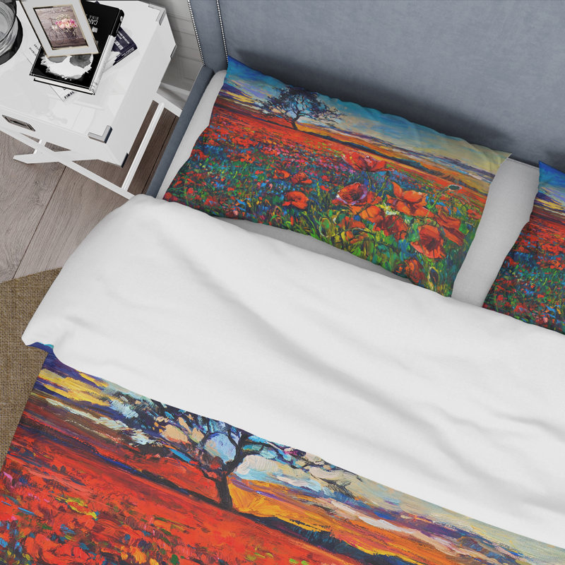 Blossoming Poppy Fields With Distant Tree - Traditional Duvet Cover Set - Microfiber Polyester