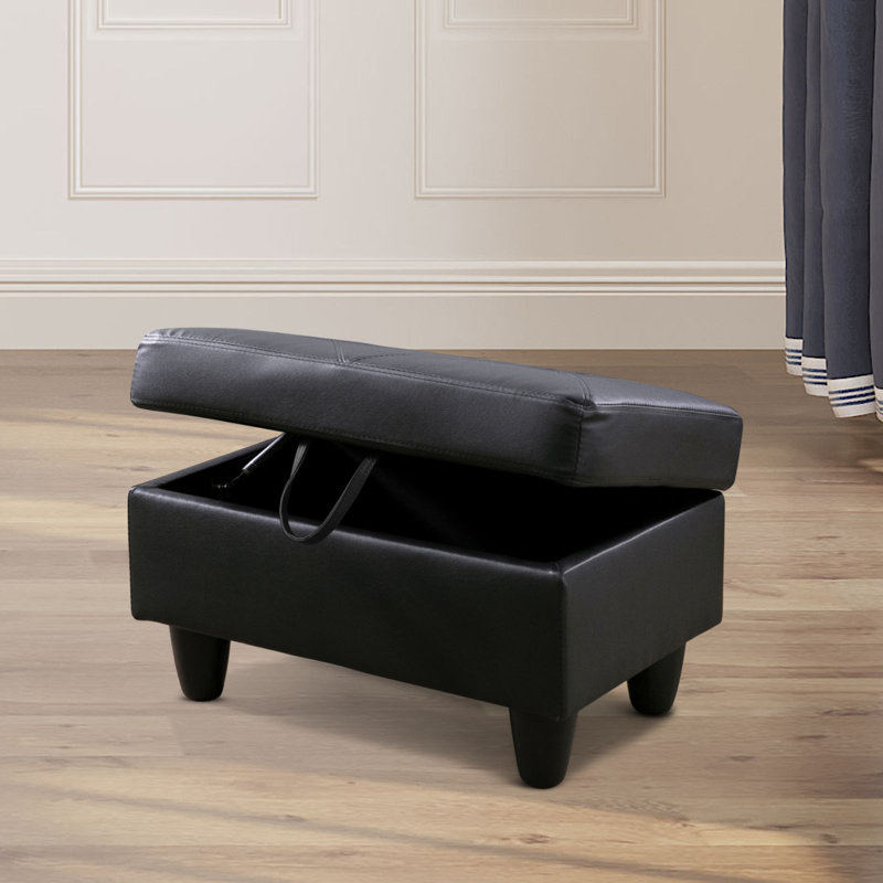 Faux Leather Storage Ottoman With Spacious Interior, Black