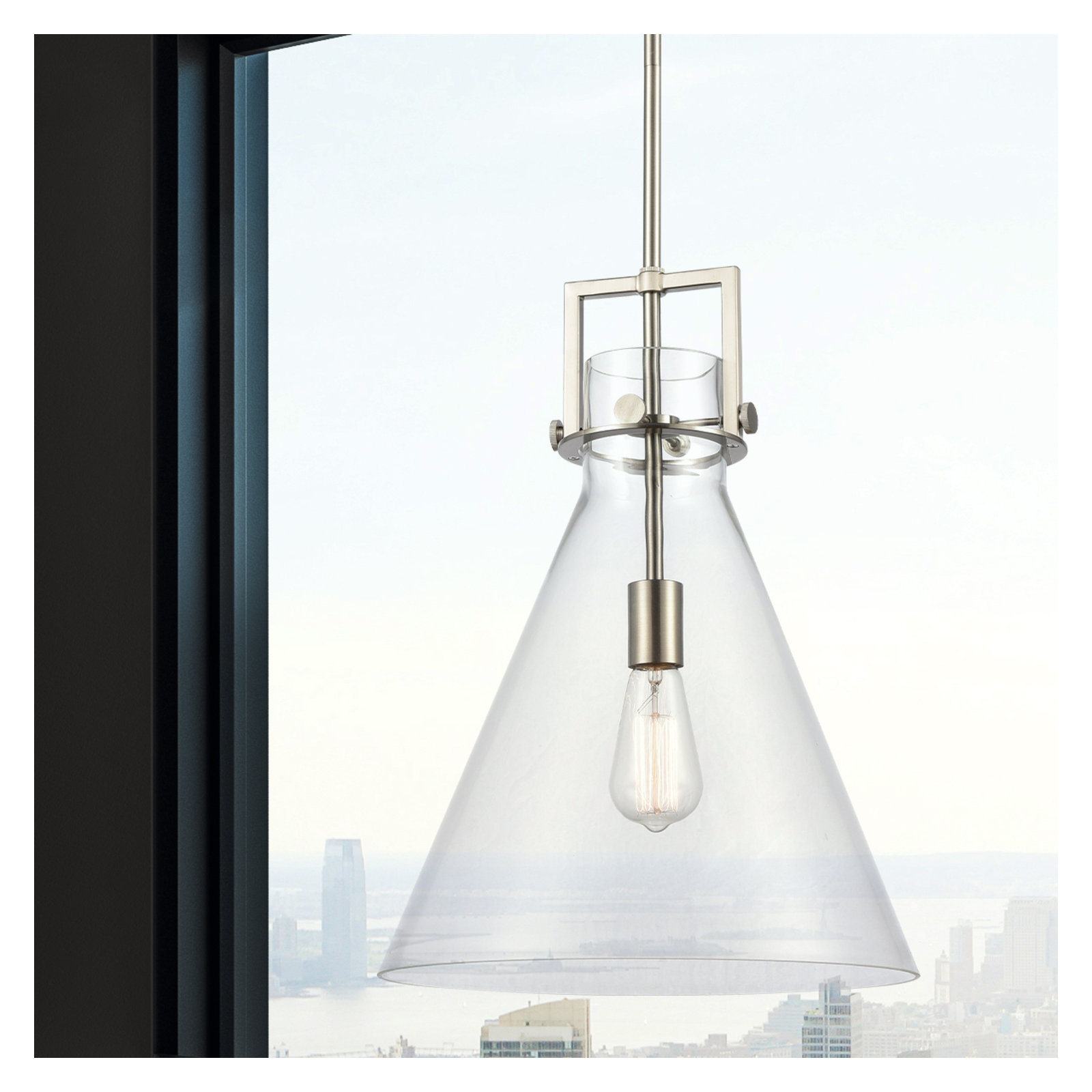 Coterie Single Light Glass Dimmable Pendant, Clear, 19.13" H x 14" W x 14" D, Satin Nickel